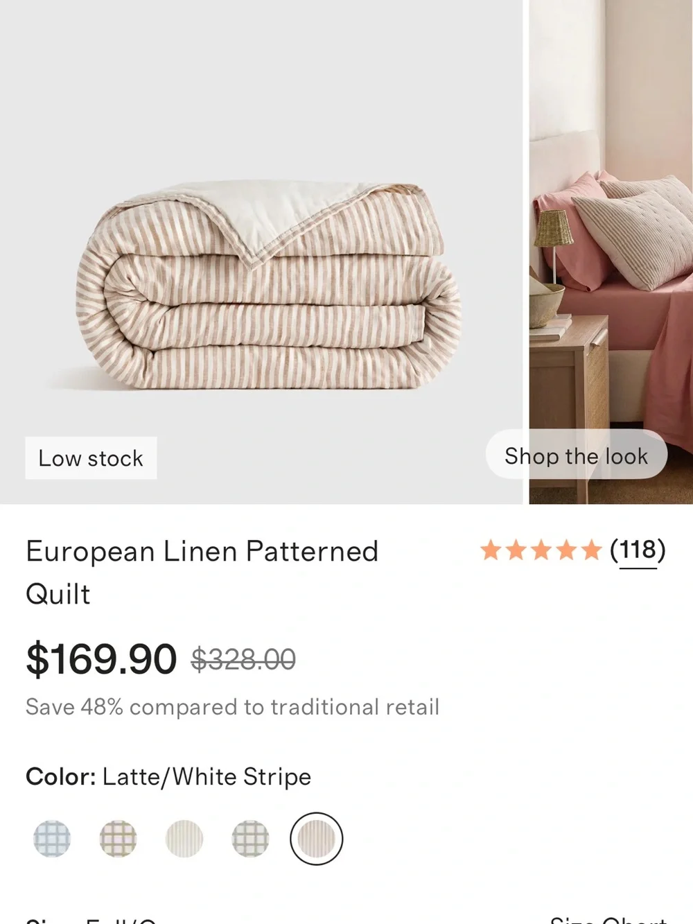 New Latte Full/Queen European Linen Striped Quilt - Retail $170